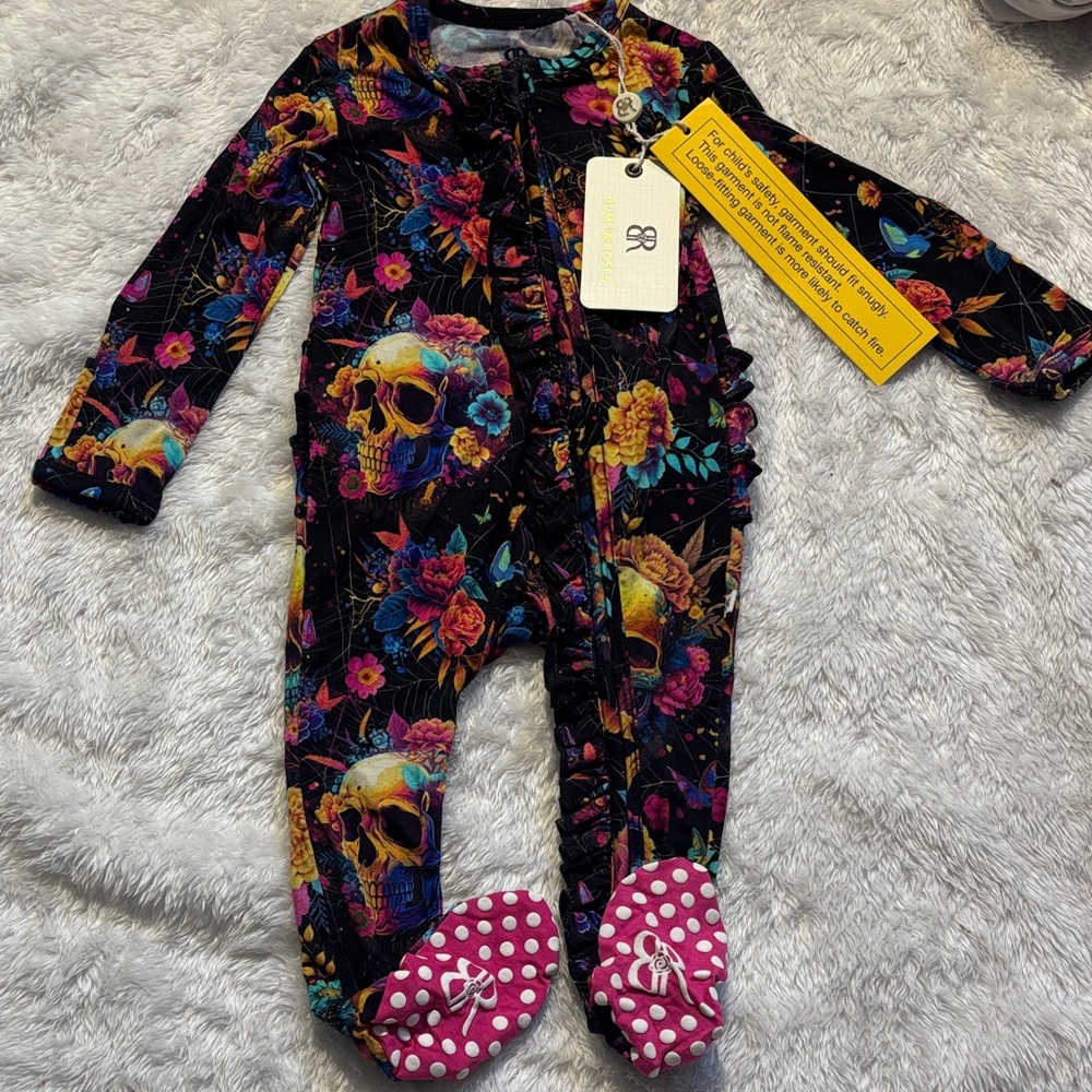 Bums and Roses Frida 3-6 footies Skull and Floral Kids One Piece